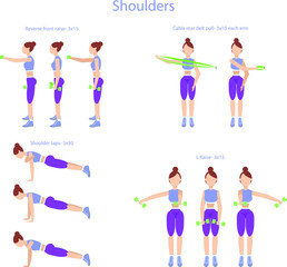Fototapeta na wymiar Girl shoulder and arm exercises. Dumbbells and elastic band. Fitness training for the upper body.