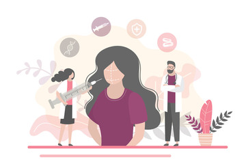 Obraz premium Cosmetic injection with hyaluronic acid, Mesotherapy. Beauty woman face.Male doctor directs, a nurse holds a syringe.