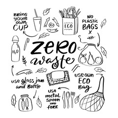 Zero waste handdrawn icon set isolated on white background