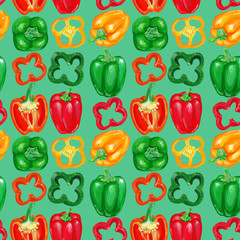 Red, yellow, green bell pepper with slices. Vegetable seamless pattern.