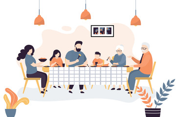 The huge family is sitting at the table. People eat together. Family portrait banner. Grandparents, parents and two children.