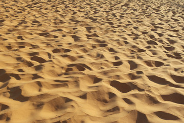 yellow sand of the desert. Sand texture. Sandy beach for background. View from above