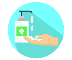 Hand sanitizer isolated with bottle pump. Washing of alcohol gel used against viruses, bacteria, flu, coronavirus. Waterless hand cleaner. Vector illustration, flat design.
