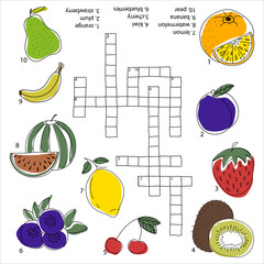 Crosswords puzzle game for preschool kids. Activity worksheet black and white printable version. Vector hand drawn illustration. Kids activity sheet fruit set