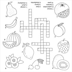 Crosswords puzzle game for preschool kids. Activity worksheet black and white printable version. Vector hand drawn illustration. Kids activity sheet fruit set