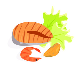 set with seafood steak and salad