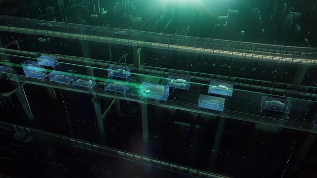 Digital aerial presentation of the autonomous cars self-driving concept on multi-level highway of the big city. Camera moving around showing the road from different angles. 
