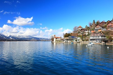 Naklejka premium Oberhofen am Thunersee. The town is located on the northern shore of Lake Thun. Switzerland, Europe.