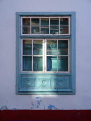 Traditional guillotine window in historic colonial house. Old city center of Santa Cruz. La Palma Island. Canary Islands. Spain. 