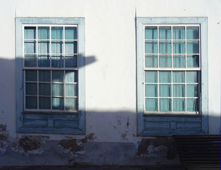 Traditional guillotine windows in historic colonial house. Old city center of Los Llanos de Aridane. La Palma Island. Canary Islands. Spain. 