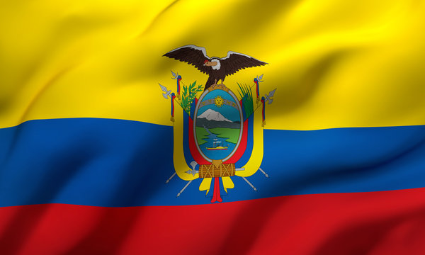 Flag of Ecuador blowing in the wind. Full page Ecuadorean flying flag. 3D illustration.
