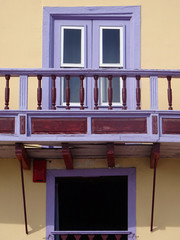 Detail of balcony of an historic colonial facade in the old city center of Santa Cruz. La Palma Island. Canary Islands. Spain. 