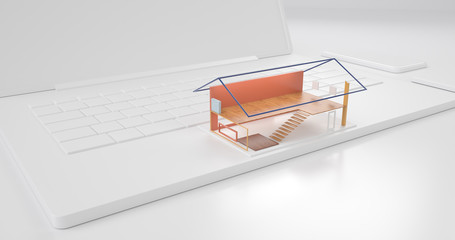 working from home coronavirus concept.Geometric abstract house with minimal laptop.3d rendering, 
