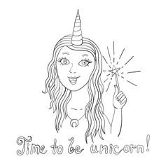 Beautiful girl with a unicorn horn and a magic wand. Fairy. Enchantress. Print. Vector illustration
