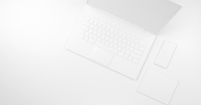 white scene abstract laptop and smart phone 3d rendering technology concept.3d rendering, 
