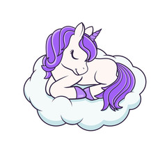 Cute Cartoon Lying down Unicorn on the cloud. Vector illustration