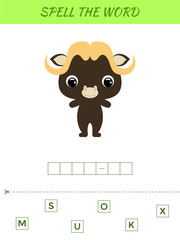 Spelling word scramble game template. Educational activity for preschool years kids and toddlers with cute musk ox. Flat vector stock illustration.