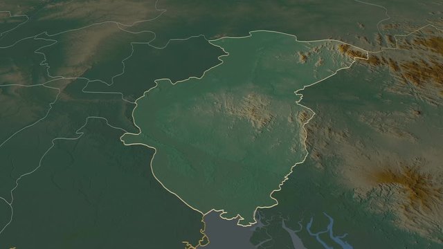 Cross River, state with its capital, zoomed and extruded on the relief map of Nigeria in the conformal Stereographic projection. Animation 3D