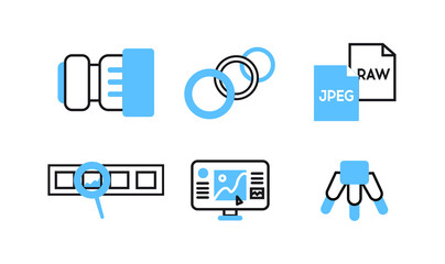 Icons photographer. Photographer equipment icons set with blue color. Lens, annular lamp, photo paper, format, camera roll with a magnifying glass, monitor, tripod