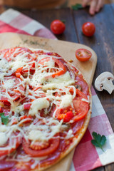 Homemade pizza with salami, onion, tomato and cheese