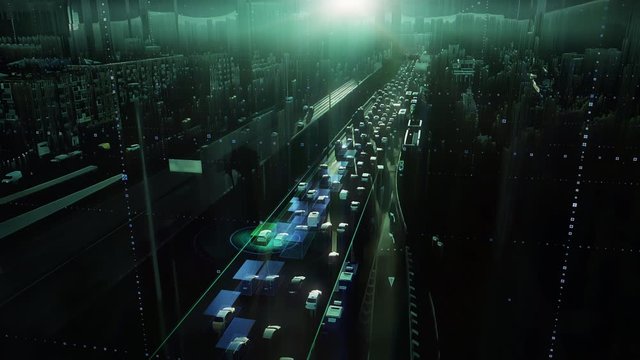 Digital presentation of the autonomous cars self-driving concept in the traffic jam on multi-level highway of the big city, view from above.