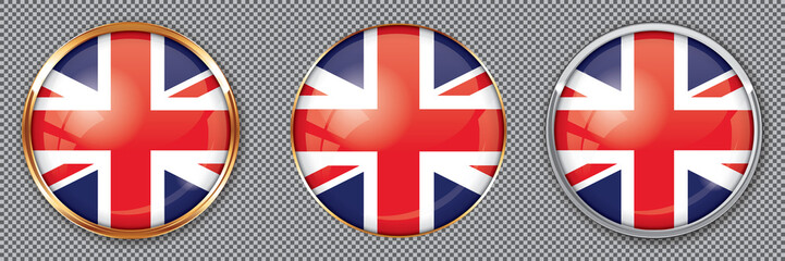 Round buttons with flag of UK on transparent background