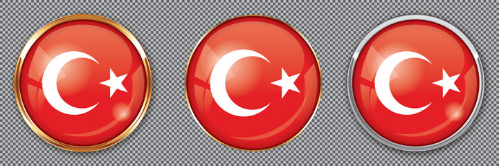 Round buttons with flag of Turkey on transparent background