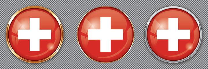 Round buttons with flag of Switzerland on transparent background