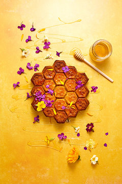 Honey cake with edible flowers