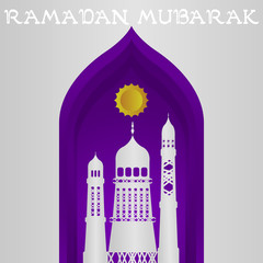 Vector Ramadan Kareem card. Vintage paper banner with mosque, moon, stars, sun and cloud for holy Ramadan wishing. Arabic decor in Eastern style. Islamic muslim background.