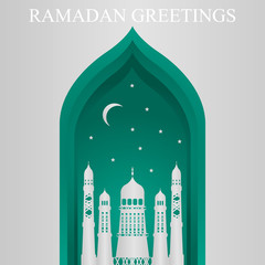 Vector Ramadan Kareem card. Vintage paper banner with mosque, moon, stars, sun and cloud for holy Ramadan wishing. Arabic decor in Eastern style. Islamic muslim background.