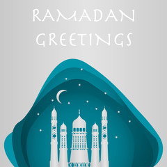 Vector Ramadan Kareem card. Vintage paper banner with mosque, moon, stars, sun and cloud for holy Ramadan wishing. Arabic decor in Eastern style. Islamic muslim background.