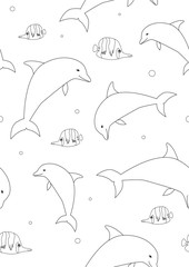 Seamless pattern or coloring page with dolphins and butterfly fish on a white background, outline vector stock illustration with a random marine animal or mammal