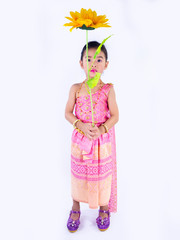 children girl in pink Thai dress  on white background