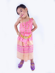 children girl in pink Thai dress  on white background
