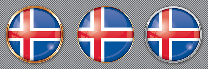 Obraz premium Round buttons with flag of Iceland on transparent background