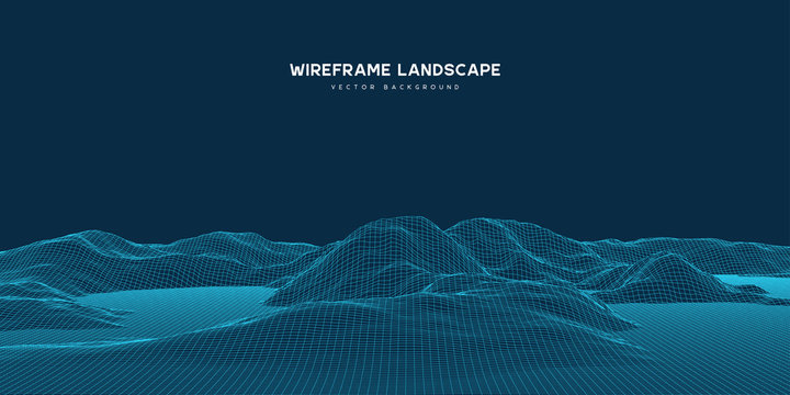 Digital wareframe landscape background. 3d futuristic technology vector illustration.