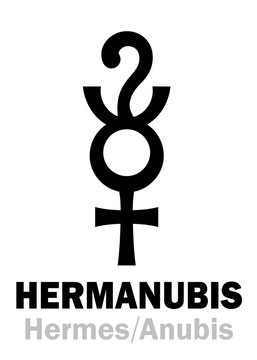 Astrology Alphabet: HERMANUBIS (Hermes+Anubis), the Greek-Egyptian syncretic deity of Truth, the conductor of souls to The Underworld. Hieroglyphic character sign (original symbol).