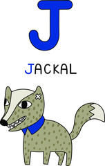 letter J jackal a wolf-like a native to Southeast Europe, Southwest Asia, South Asia. Smaller and shorter legs, shorter tail; color is dark tawny beige. Cartoon doodle flat design