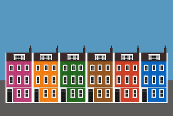 Row of colourful terraced four story Georgian Houses