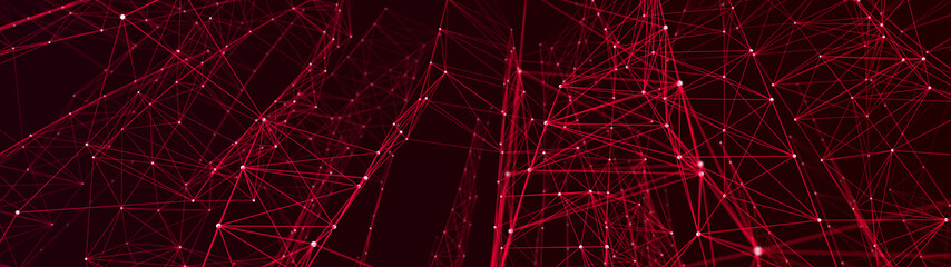 Network of bright connected dots and lines. Abstract dynamic wave of many points. Digital background. 3D rendering.