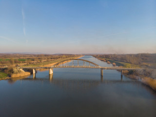 Danube Canal Tisa Danube and bridge over. Aerial photography.