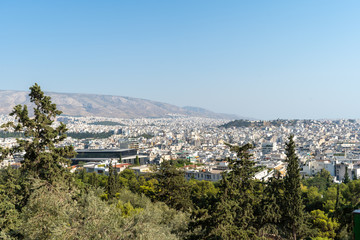 Greece, August 2019. The view of the trees in front of Athens from the Areopagus, near Acropolis.