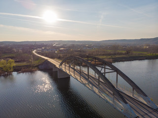 Danube Canal Tisa Danube and bridge over. Aerial photography.