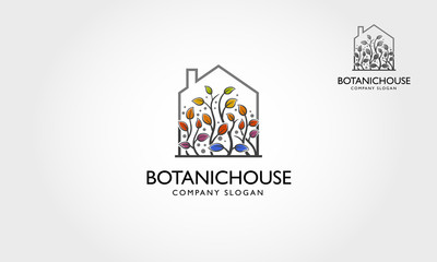 Botanic House Vector Logo Template. The main symbol of the logo is a garden, incorporate with the house. This logo symbolizes a neighborhood, spring, growth, nature, ecological and environment concept