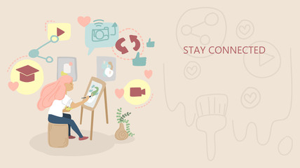 beautiful flat design in conceptual of  Stay home,Stay connected, self quarantine, social distancing in soft tone color. Women is painting artwork with network and social media icon floating around
