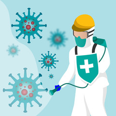 vector illustration of disinfectant fighting coronavirus