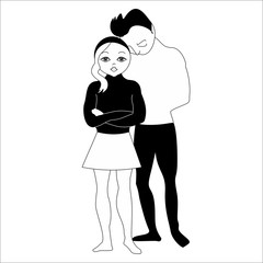 Girl and boy. Standing couple of young people in love. Teenage. Black and white. 