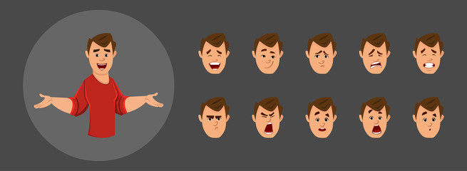 young office worker character with different facial expression set.