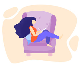 Symbolic woman at home do their own thing concept. Hygge lifestyle flat composition with indoor view of living room interior with couple sitting on sofa vector illustration